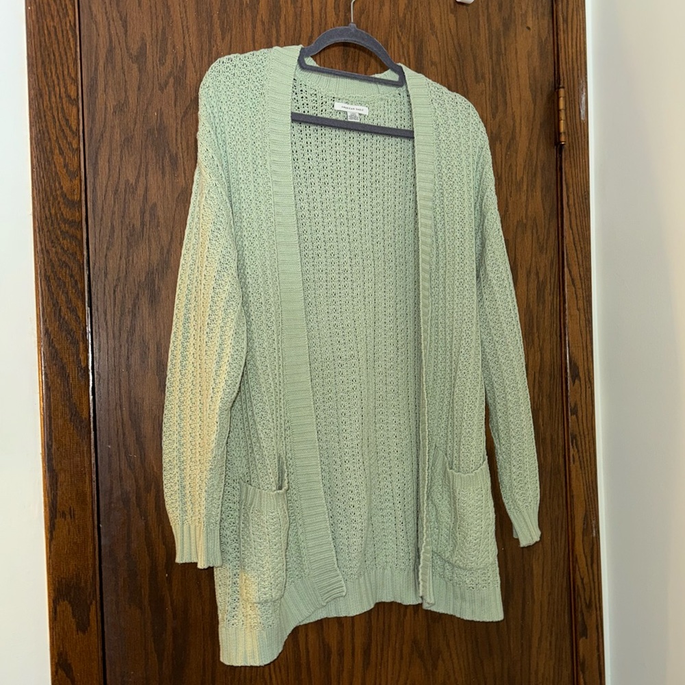American Eagle Outfitters Light Green Knit Long Open Cardigan Pastel Green - Picture 3 of 7